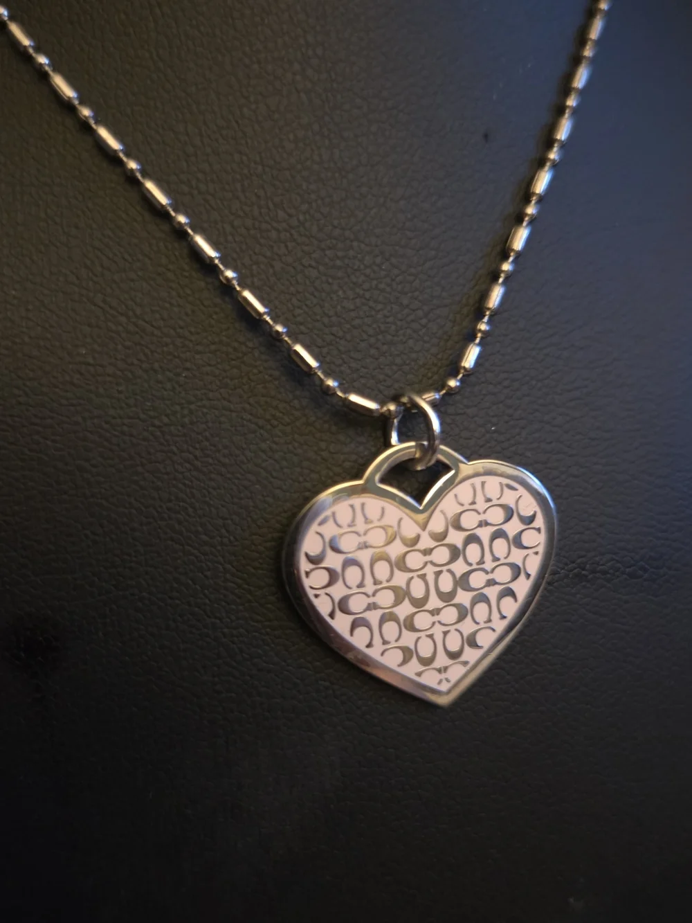 Coach Signature Heart Pendant Necklace Pink Enamel Silver Tone Logo Charm